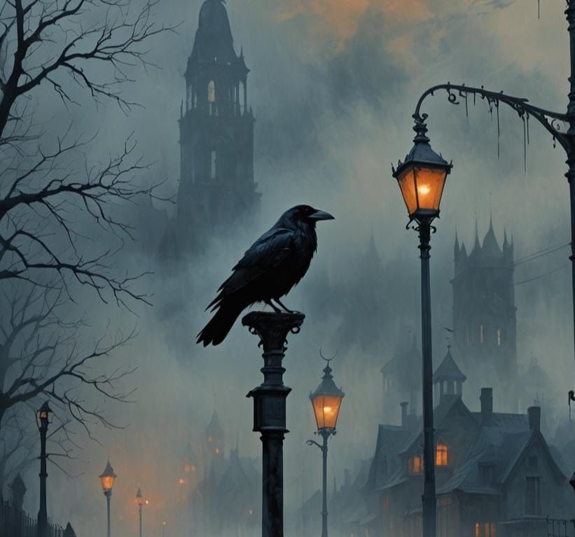 Black Raven in Fog, Detailed Matte Painting