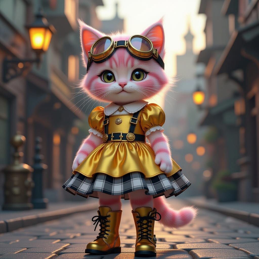 Steampunk Kitten in Vibrant Digital Art City
