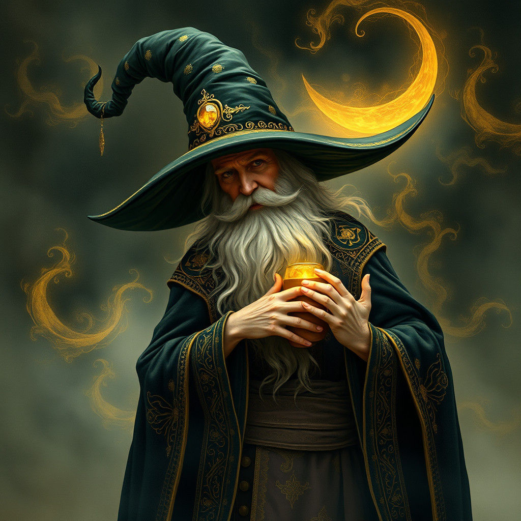 Mystical Wizard in Ornate Hat, Art Nouveau Style