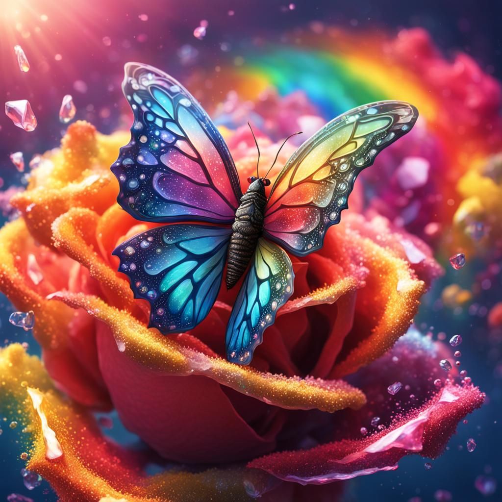 Crystallized Rainbow Butterfly Rides a Wave