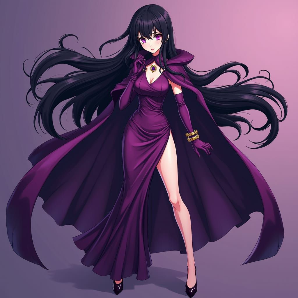 Anime Villainess in Purple Dress with Dramatic Cape
