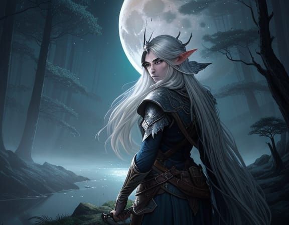 Ethereal Elven Ranger Gazes at Luminous Moon in Fantasy Art