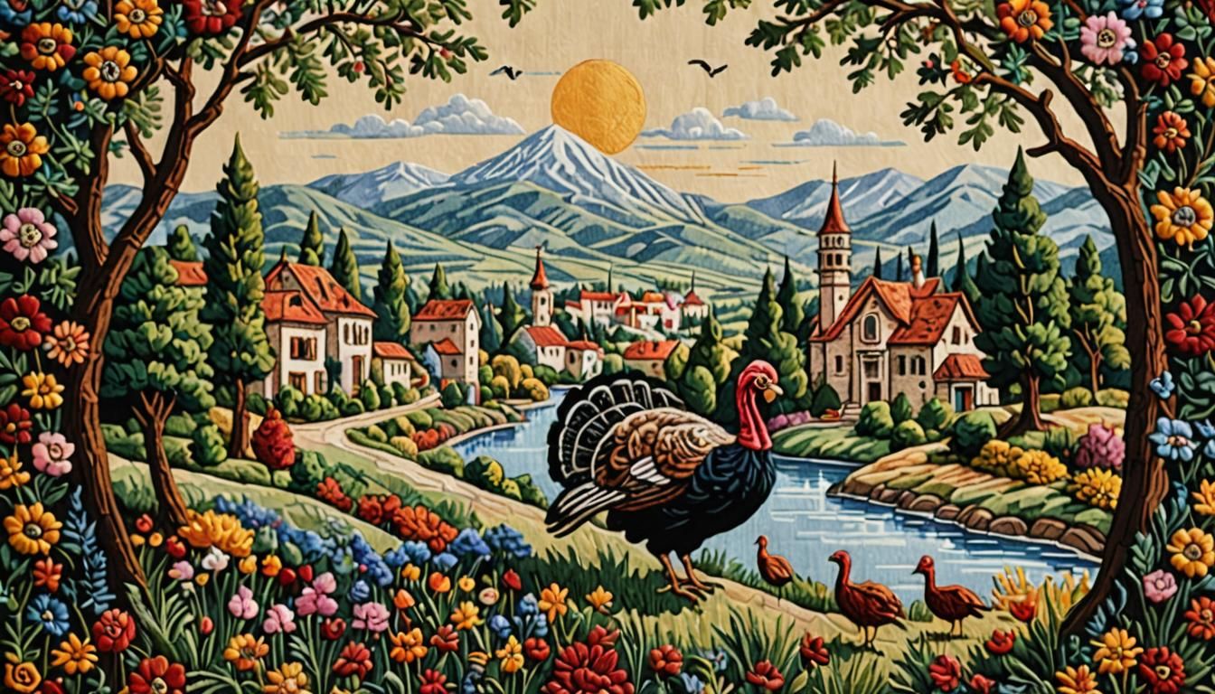 Hand-Embroidered Tapestry of Turkish Landscape
