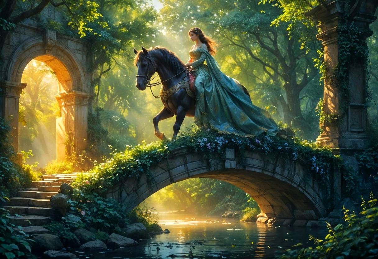 Princess on Clydesdale on Ancient Bridge, Painterly Realism