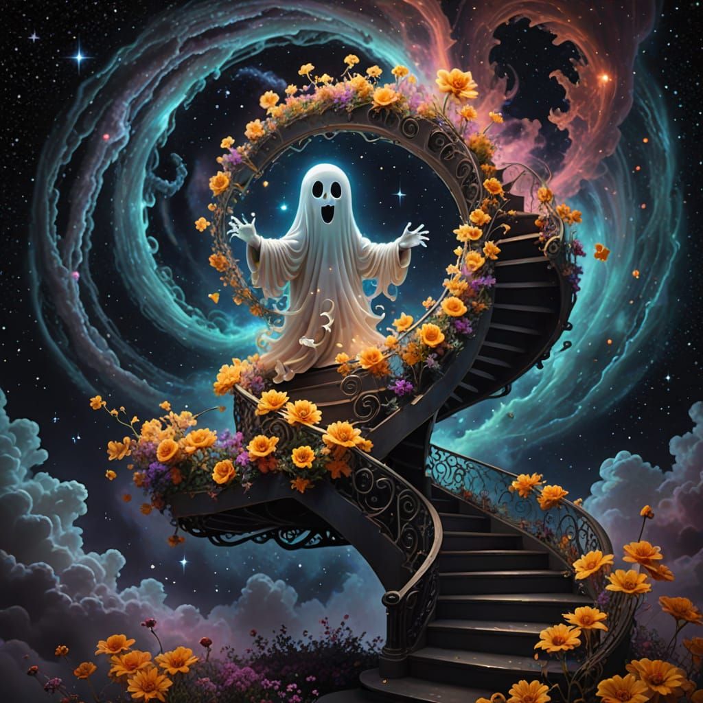 Ghost Laughing on Flower Staircase in Nebula