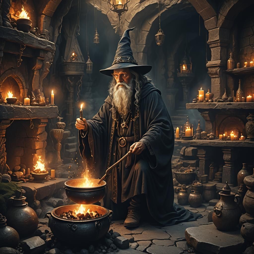 Wizard and Cauldron in Dark Cave: Digital Matte Painting