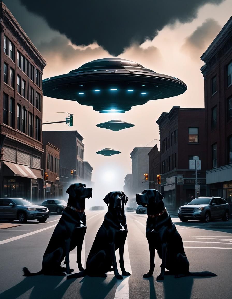Black Dogs Stare at UFO in Town Square
