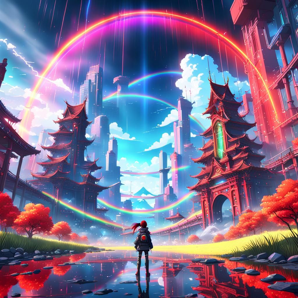 Neon Anime Red Double Rainbow Art