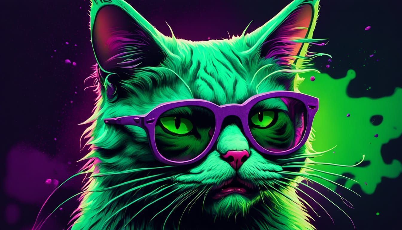 Green Cat in Sunglasses: A Surreal Horror Dream