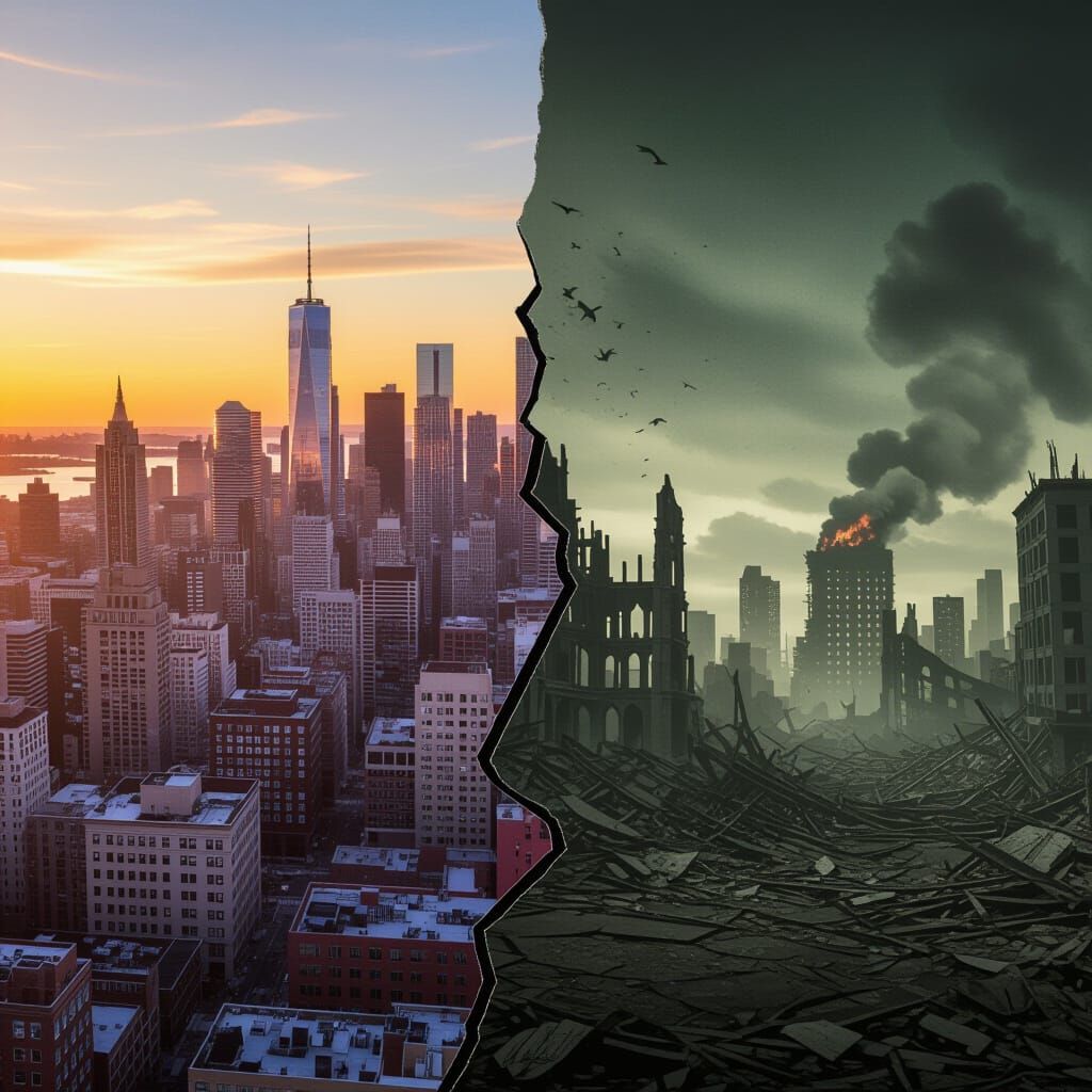 Thriving City Juxtaposed with Ruins