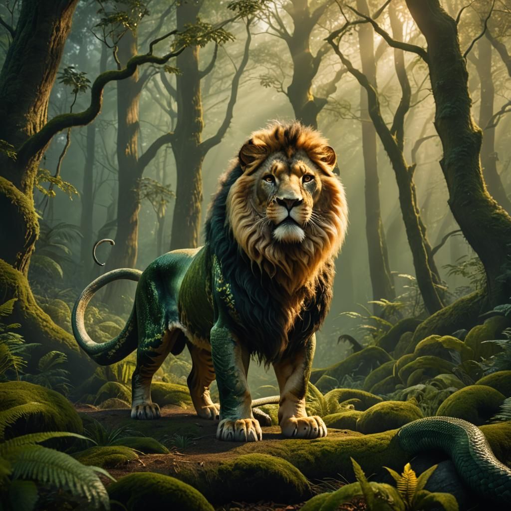Snake-Lion Hybrid in Misty Forest, Fantasy Concept Art