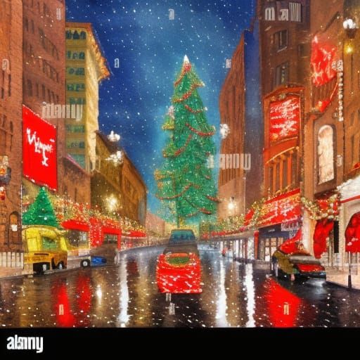 Christmas City in Gouache Impressionist Style