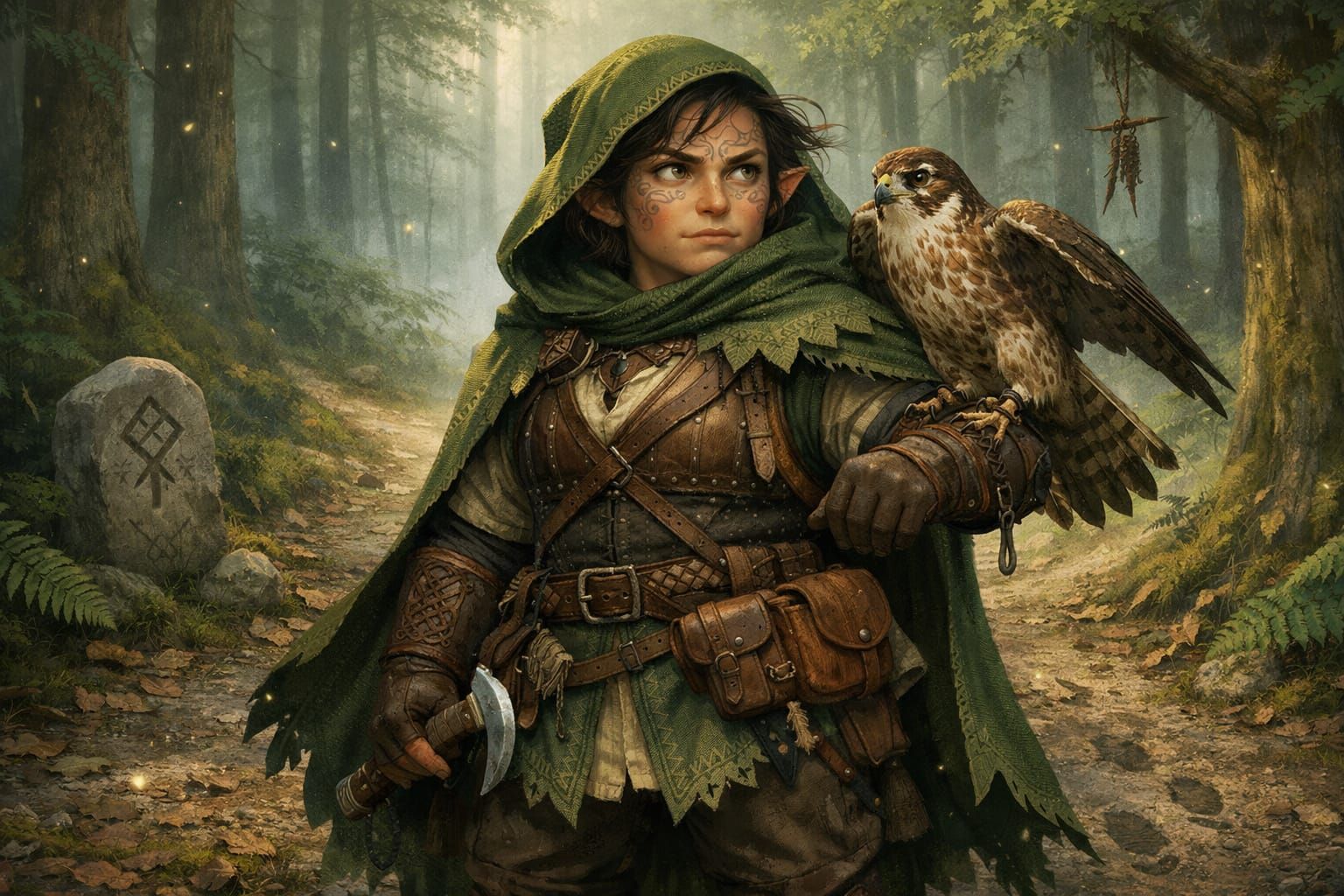 Kithkin Ranger Watches Misty Woodland Crossroads