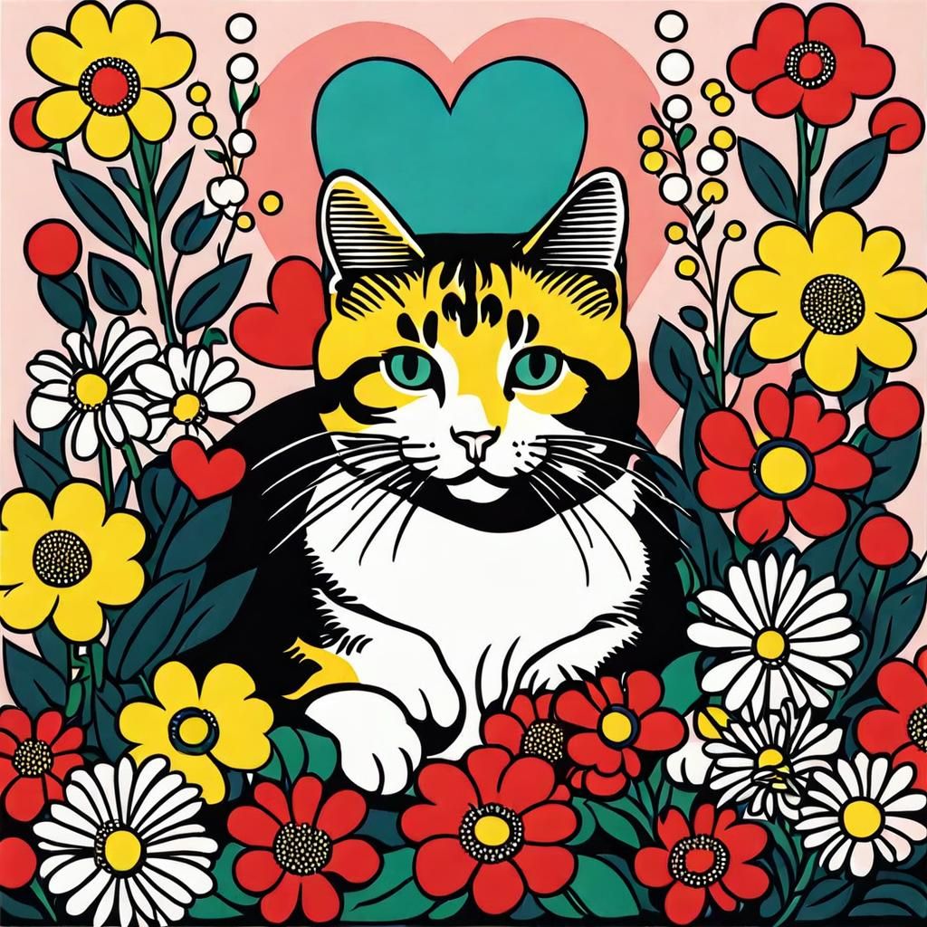 Pop Art Cat on Pillow in Lichtenstein Style