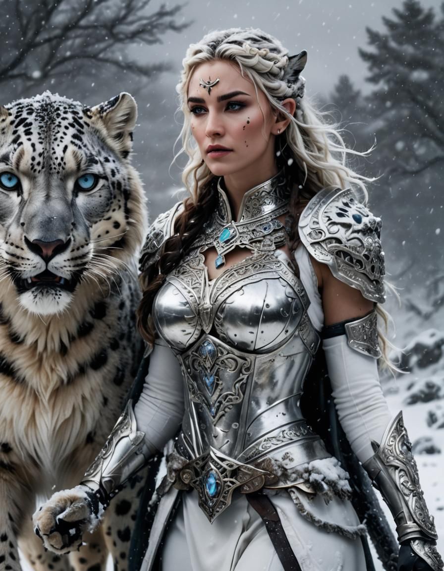 Elvish Snow Leopard Girl in Blizzard, Hyperrealistic Digital...