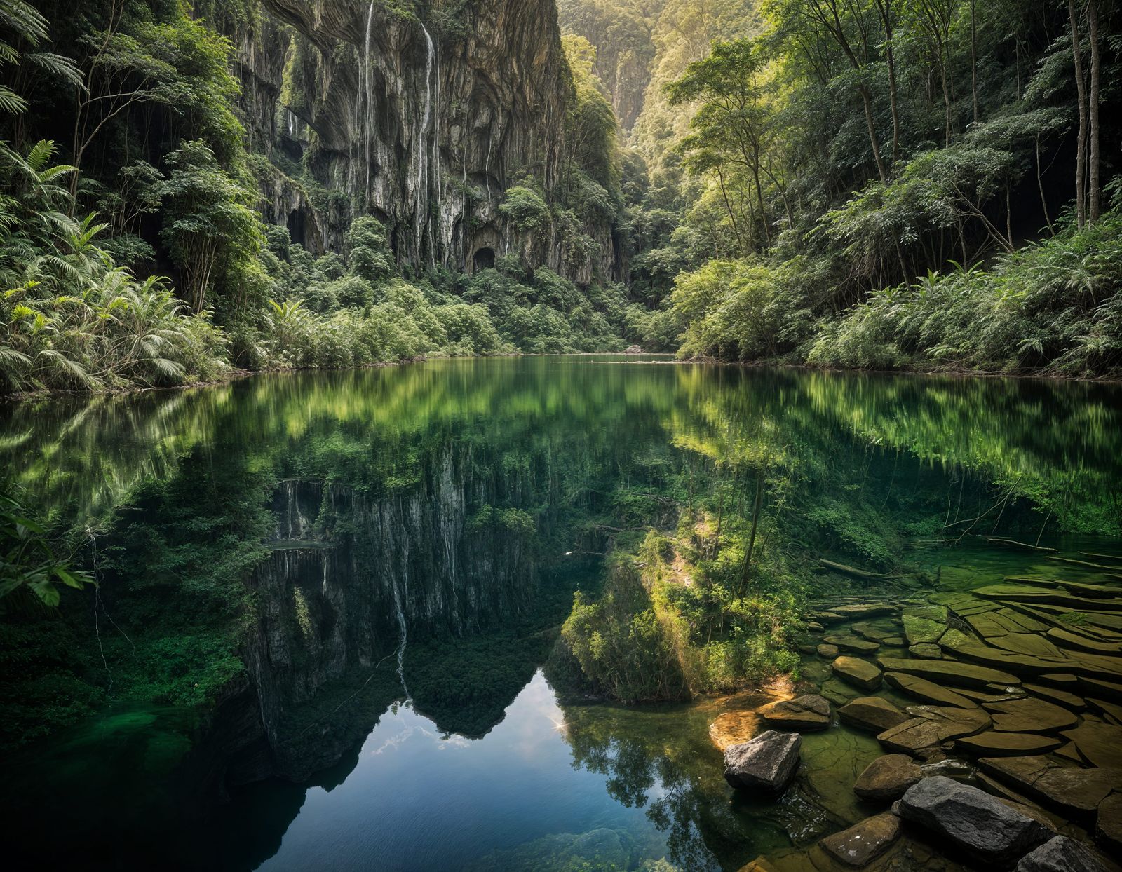 Luminous Underground River in Serene Jungle Landscape