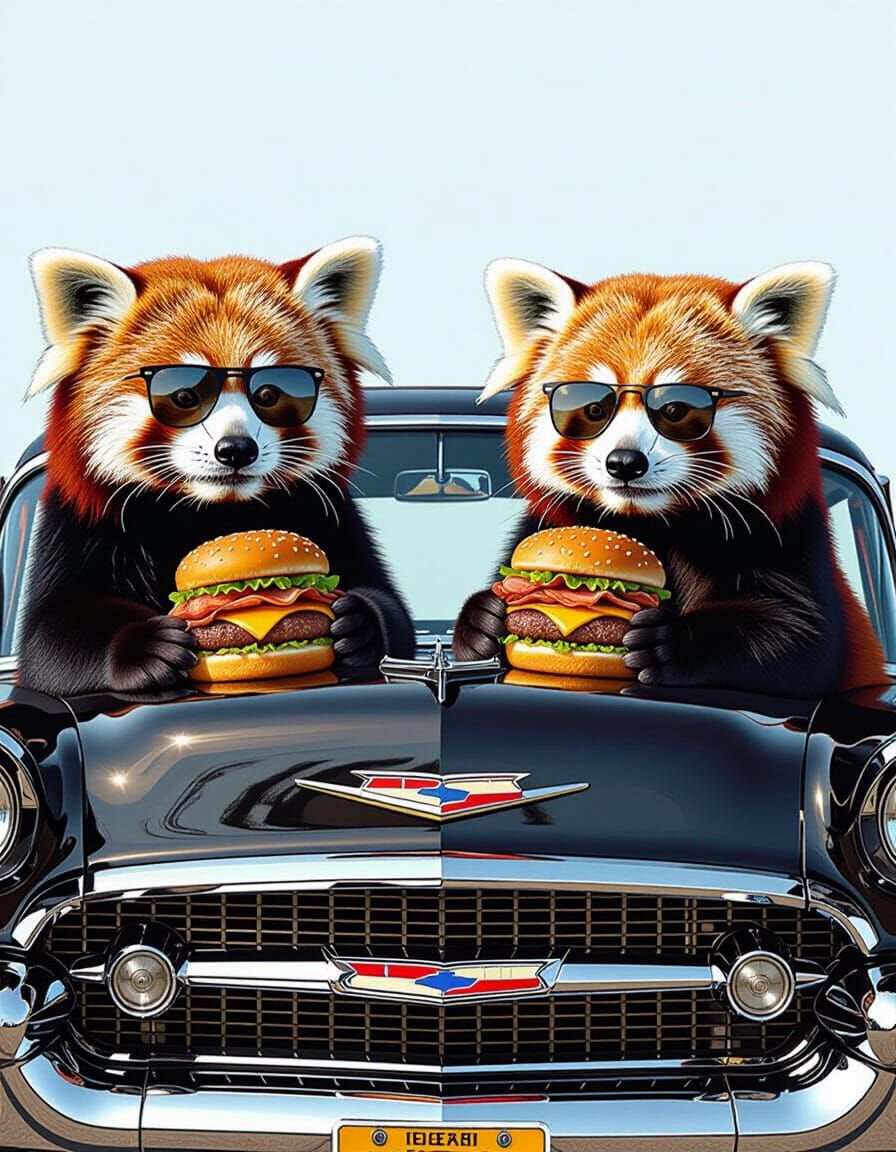 Tough Red Pandas in 50s Chevy Eating Burgers