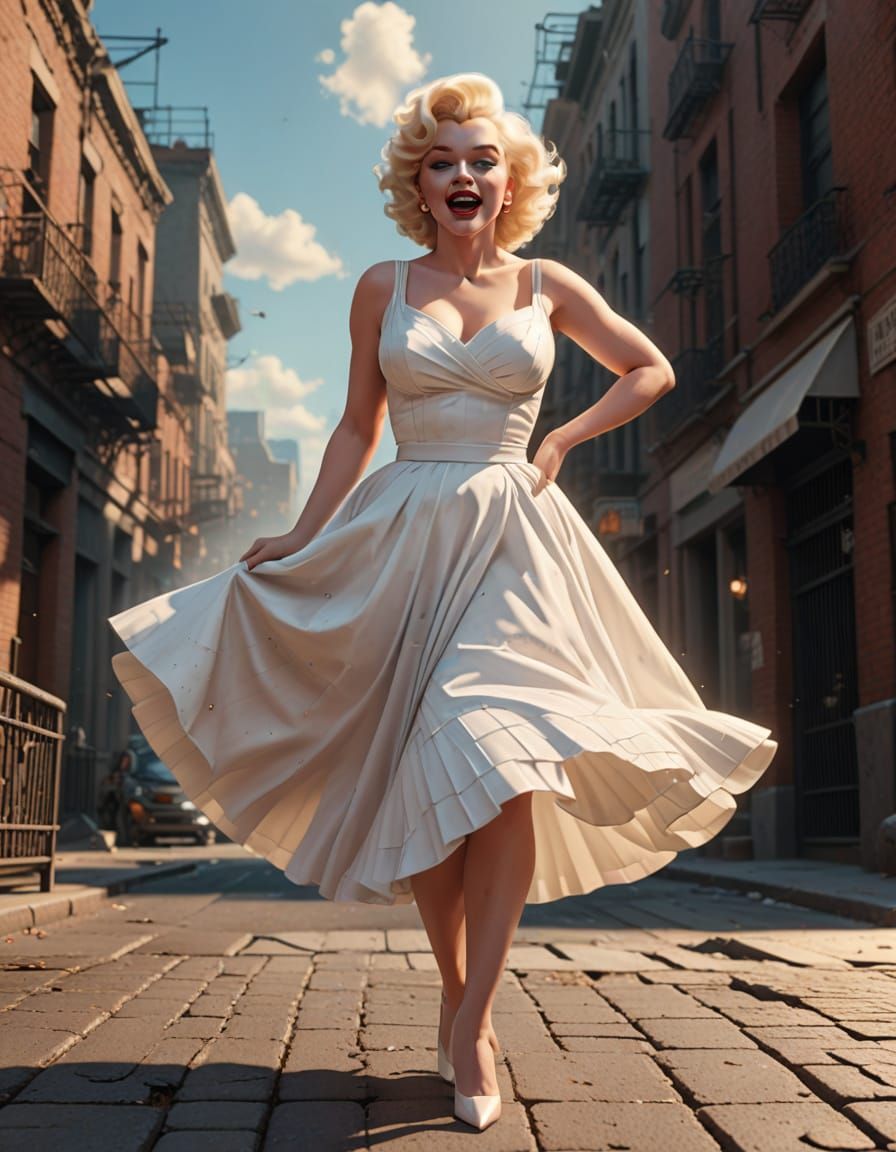Marilyn Monroe in Elegant White Dress, Whirlwind of Skirt in...