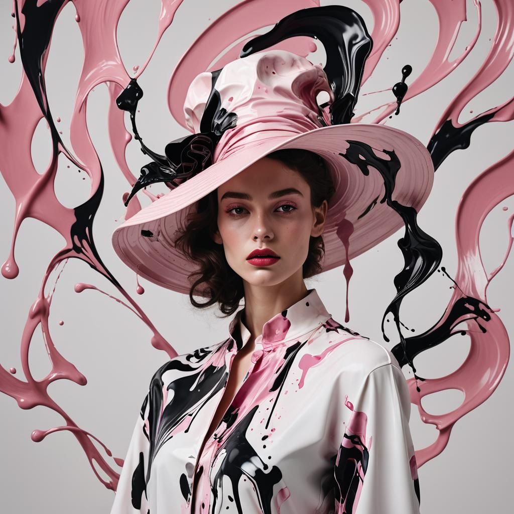 Fashion Model in Pink Oil Hat, Fluid Art