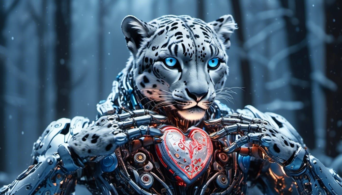 Snow Leopard Cyborg with Mechanical Heart