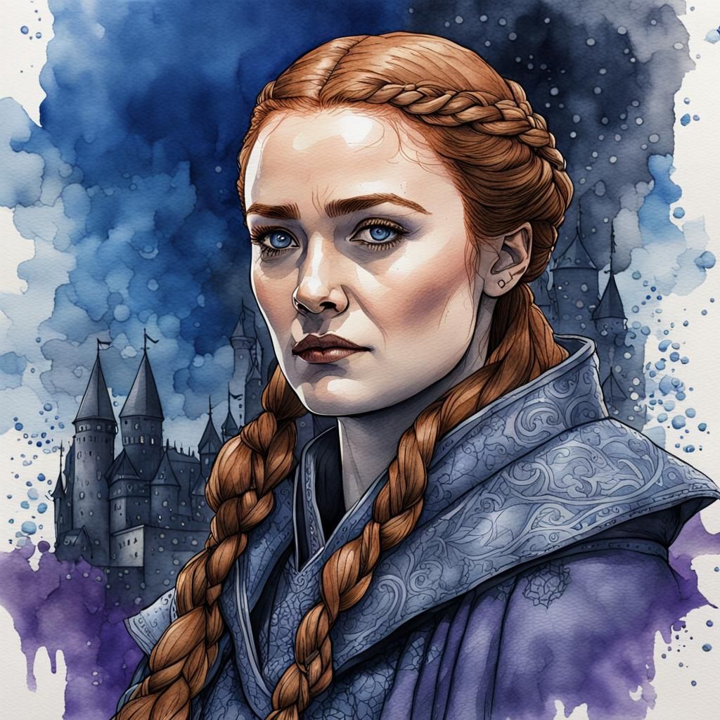 Sansa Stark Portrait in Ink and Watercolor