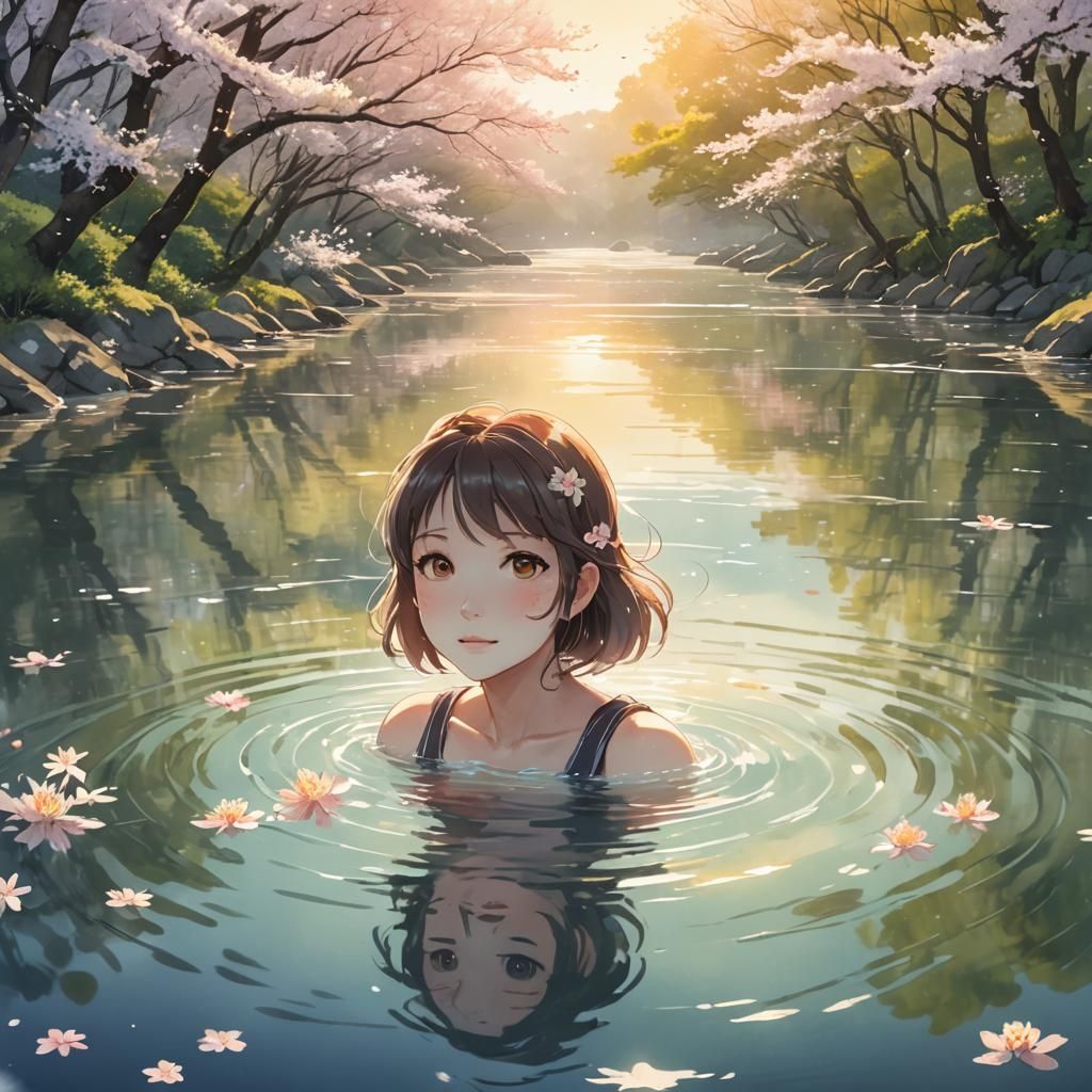 Girl Swimming in Serene River: Anime Key Visual