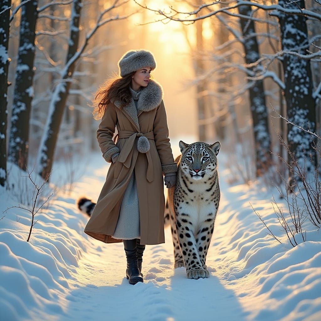 Woman and Snow Leopard Stroll Through Winter Wonderland in W...