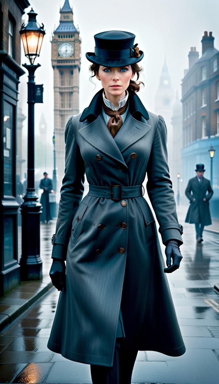 Female Sherlock Holmes in Foggy London Street