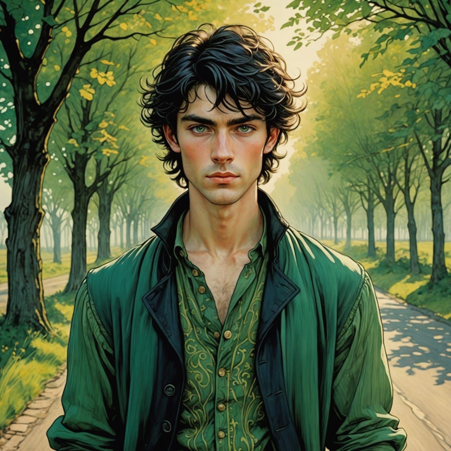 Fairytale Man on Radiant Road, Arthur Rackham Style