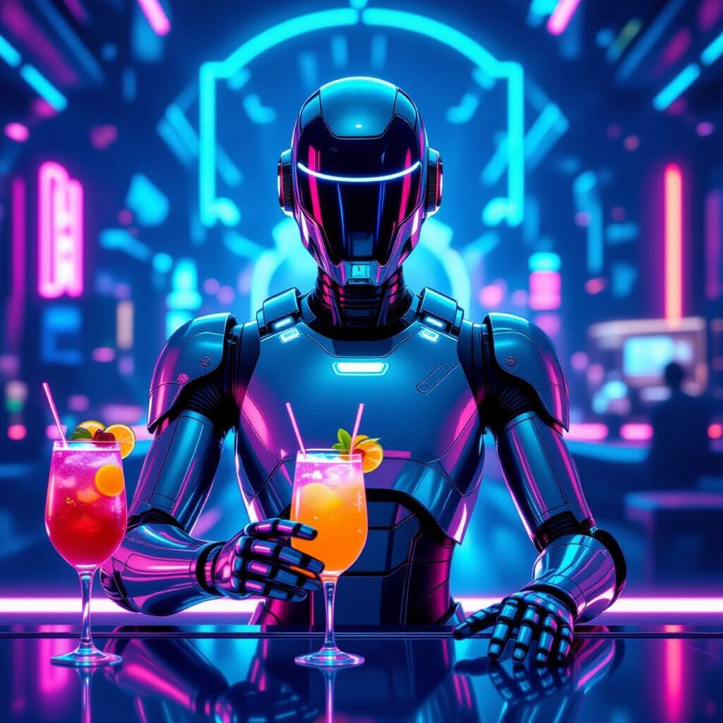 Retro-Futuristic Robot Waiter Serving Neon Cocktails