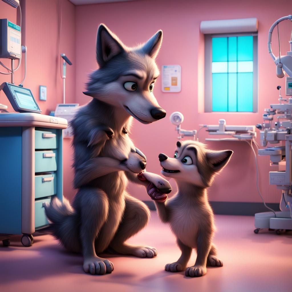 Hokey Wolf Welcomes Baby Pup: 3D Digital Art