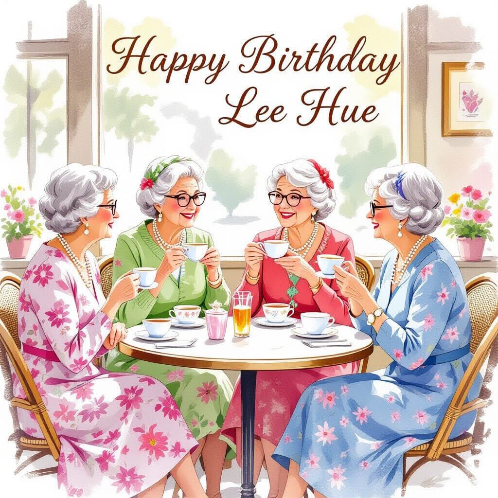 Five Senior Ladies Enjoy Coffee in Whimsical Drawing Style