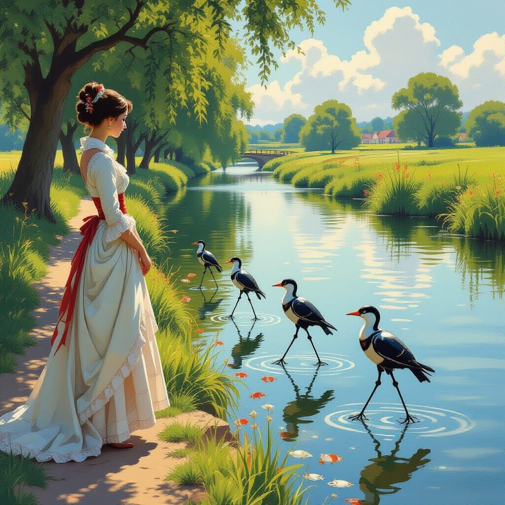 Woman and Mechanical Birds by the River Avon