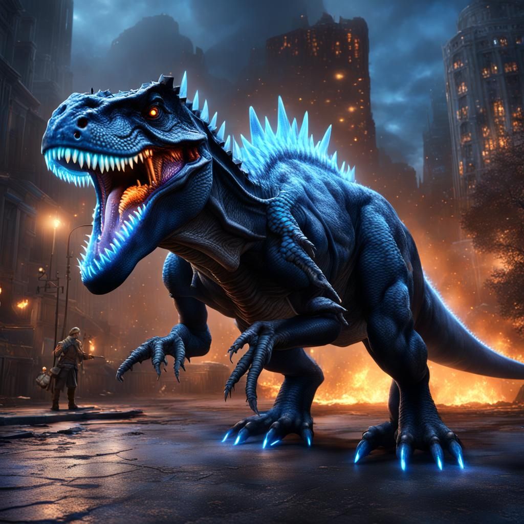 Realistic Godzilla Shoots Blue Fire in City