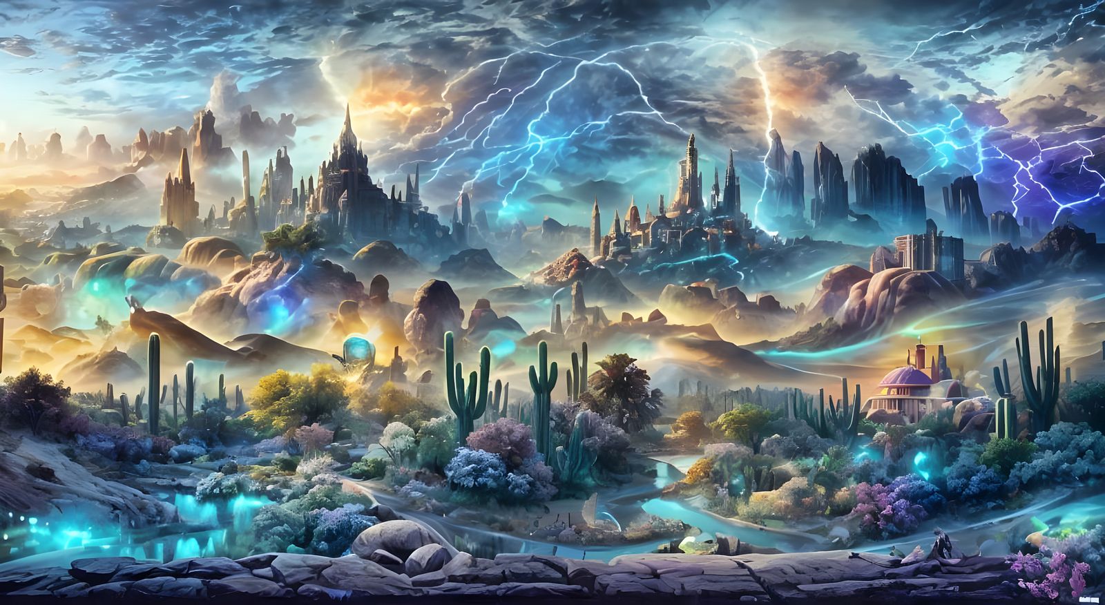 Iridescent Thunderstorm Over Dieselpunk Desert Kingdom