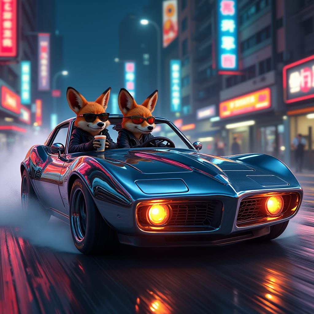 Anthropomorphic Foxes Speed Through Neon City in Custom Chro...