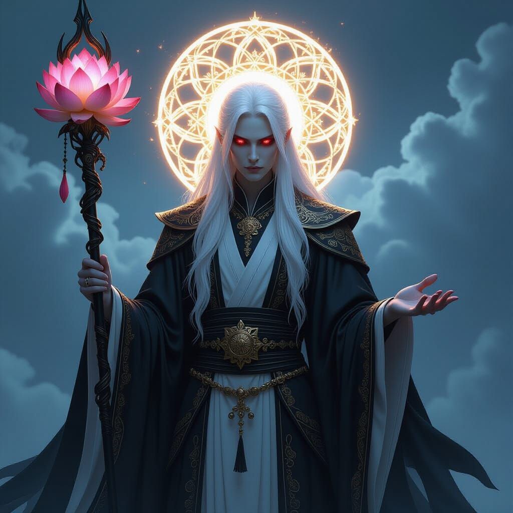 Mystical Figure with Lotus Staff and Sigil