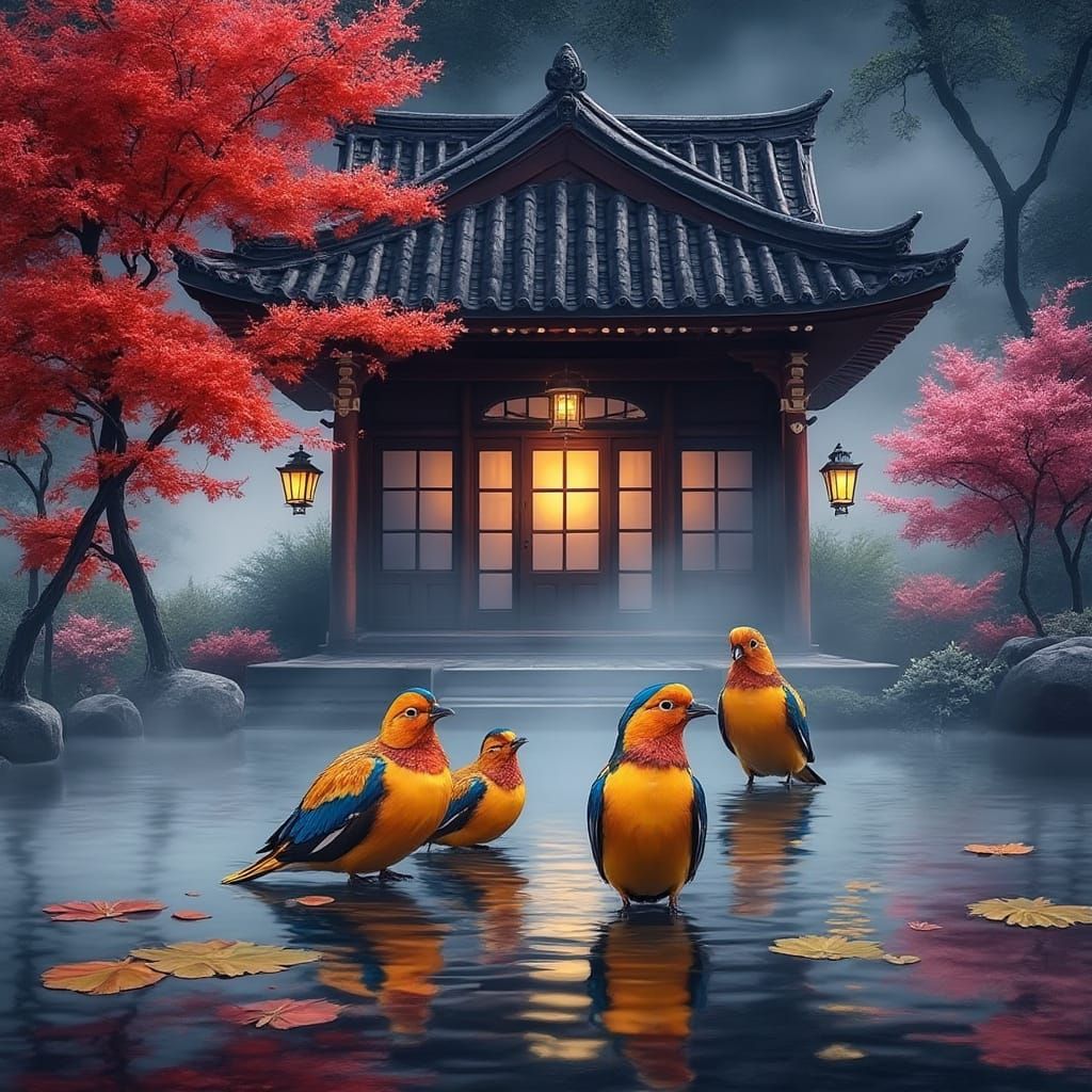 Surreal Landscape with Jackdaws and Cherry Blossoms in Tradi...