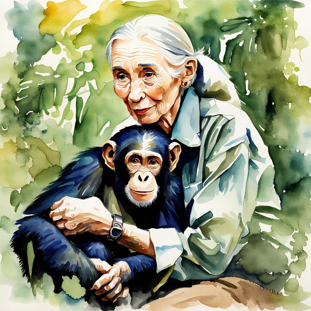 Jane Goodall and Chimpanzees in Watercolor