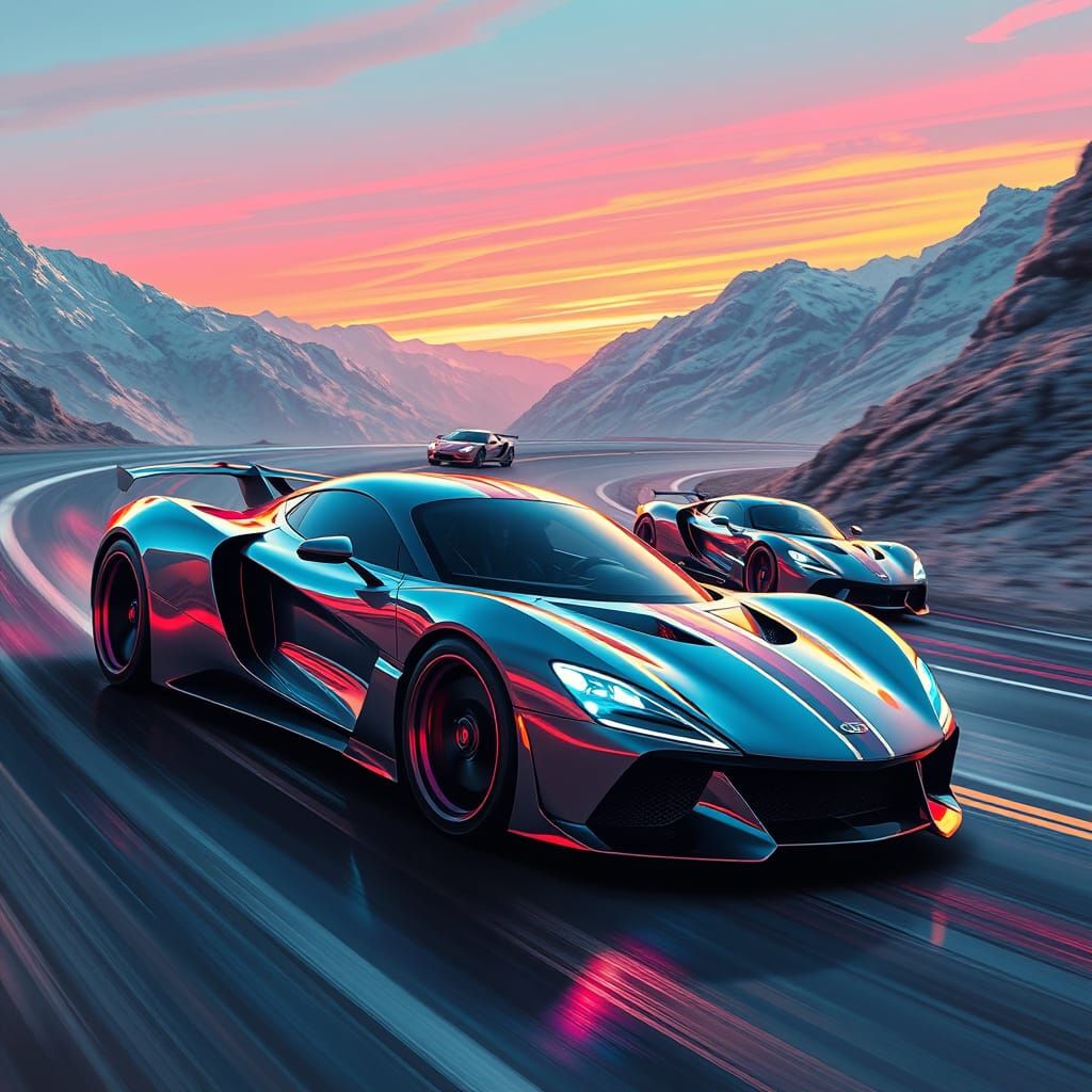 Sleek Futuristic Sport Cars Speeding on Winding Mountain Roa...