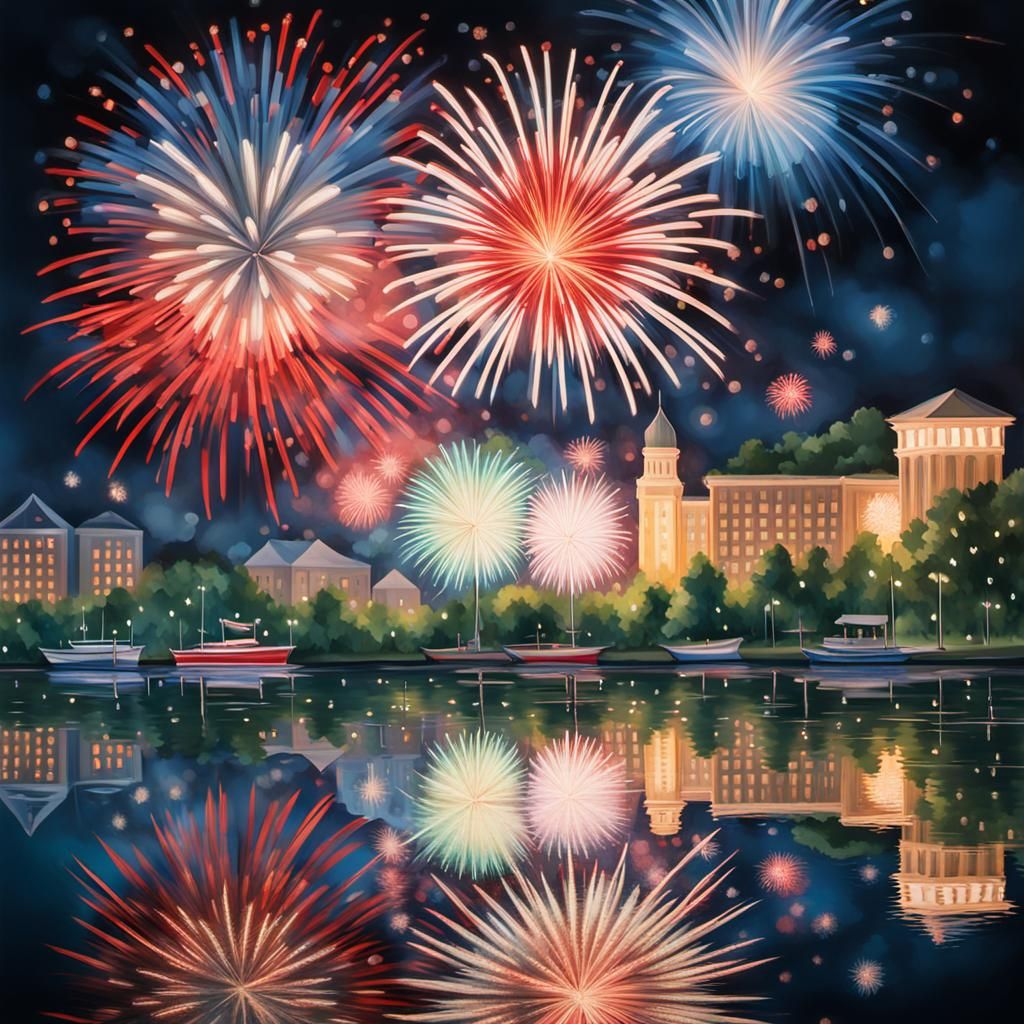 Fireworks Reflecting on City Lake in Reverse Glass