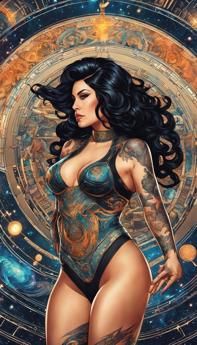 Tattooed Woman in Star Trek Uniform with Lightsaber