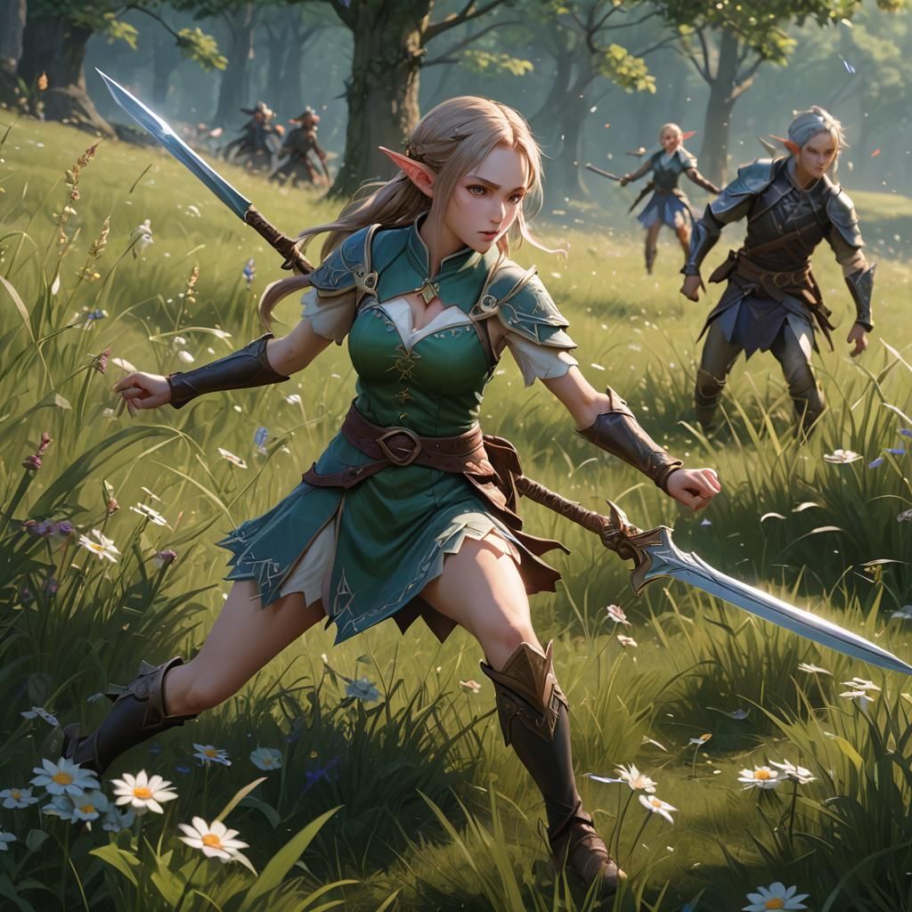 Elf Warrior in Meadow: 3D Anime Art