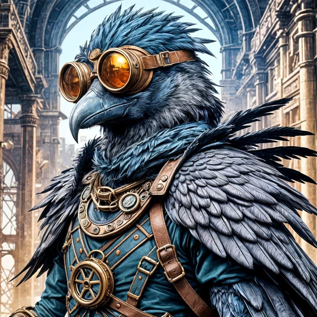 Steampunk Aarakocra with Goggles in Anime Style