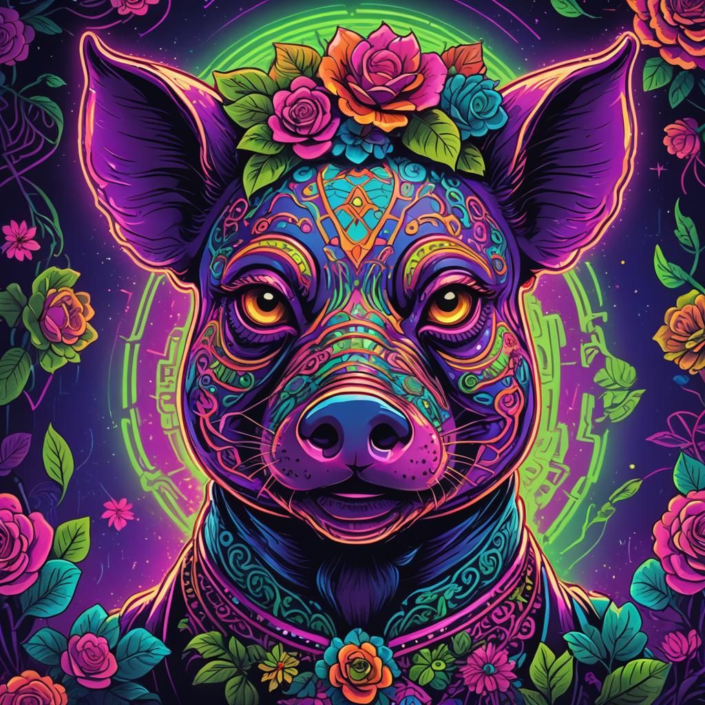 Neon Pig Catrina Illustration in Synthwave Style