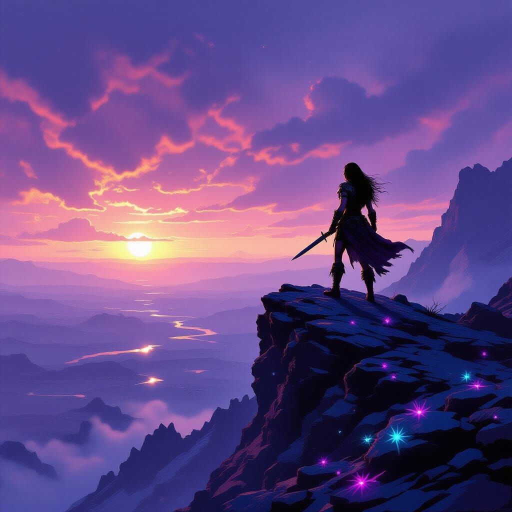 Barbarian Warrior Woman Overlooking Post-Apocalyptic Wastela...