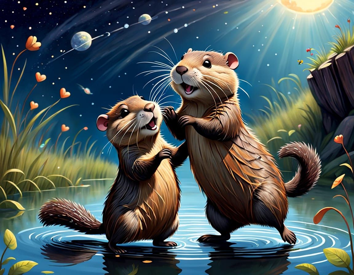 Whimsical Muskrat Couple Dances in Storybook Heaven