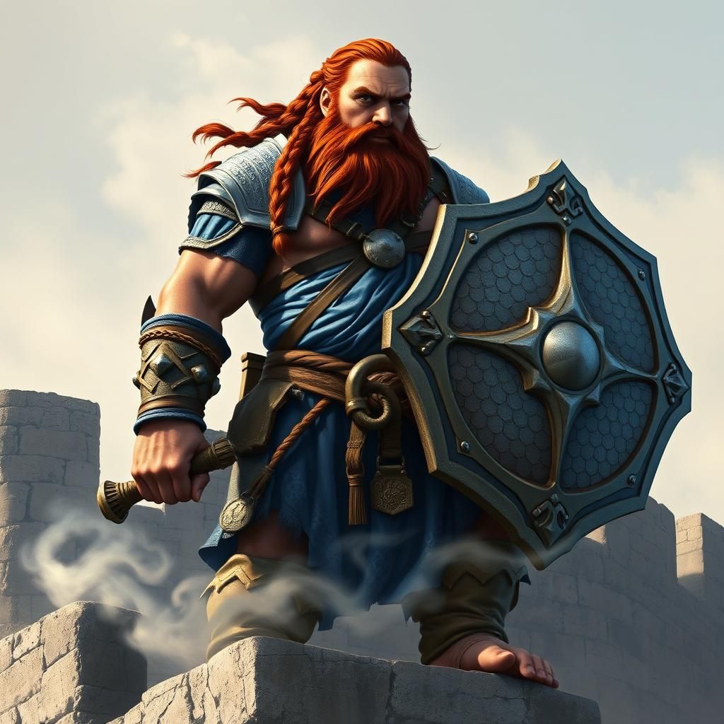 Dwarf Warrior Priest on Castle Wall in Mystical Landscape