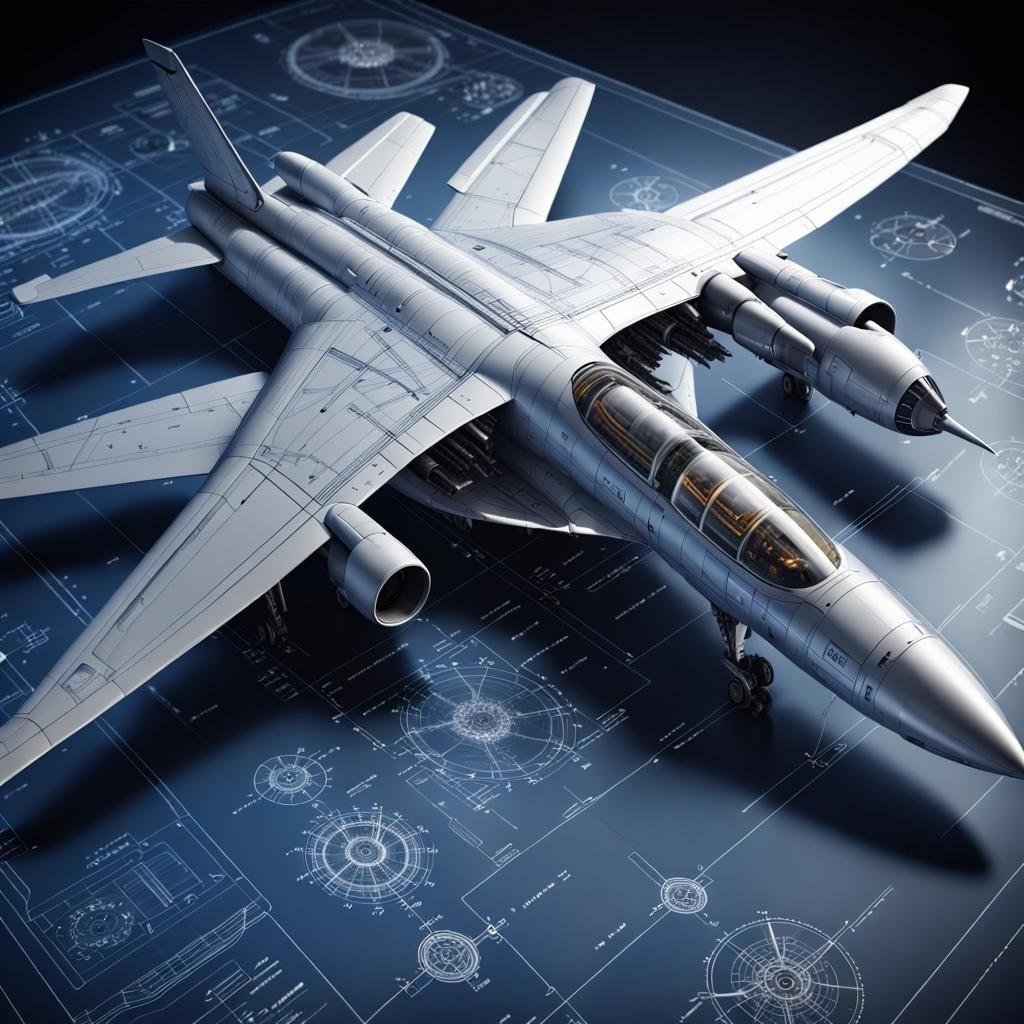Futuristic advanced semetrical  jet aircraft blueprint  detailed meticulously on all parts of the weapons and hyper atom...