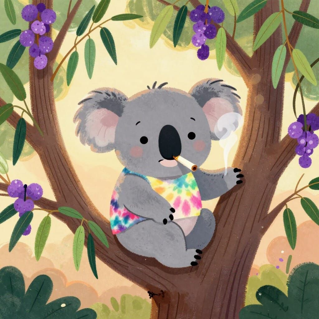 Koala Smoking Joints in Eucalyptus Tree Cartoon Style